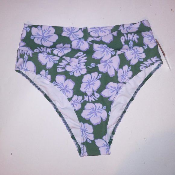Victoria Secret PINK Swim Bikini Bottom‎ Medium Green White Blue Hibiscus Floral - Picture 2 of 7
